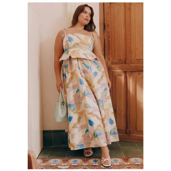 ELOQUI Empire Waist Poplin Adjustable Straps Maxi Spring Summer Dress Size 14 - Picture 1 of 16